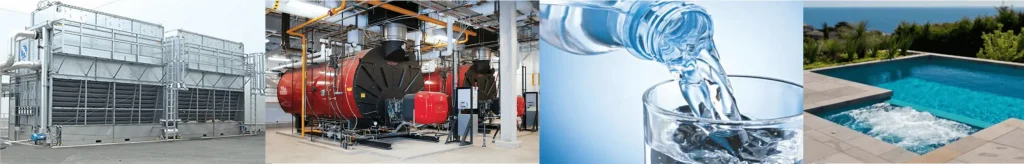 Dubai industrial and commercial water treatment applications collage showing boiler systems, cooling towers, swimming pool maintenance, and clean bottled drinking water pouring into a glass.