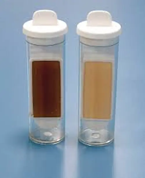 Water analysis service photometer reading a water sample for quality testing