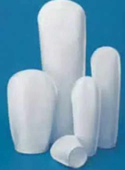 Four different sizes of industrial bag filters displayed side-by-side for liquid filtration systems.