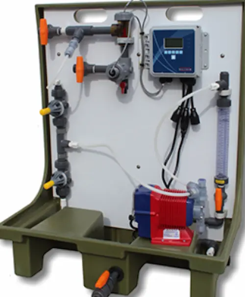 Complete industrial boiler chemical dosing system showing the digital controller, dosing pumps, and sensor assembly panel.