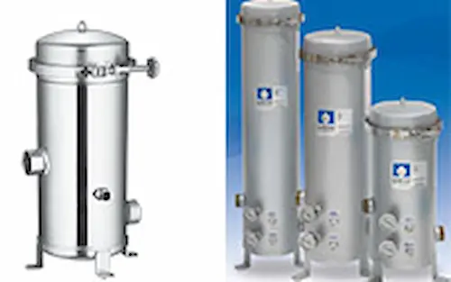 Stainless steel multi cartridge filter housings displayed side by side in different sizes.