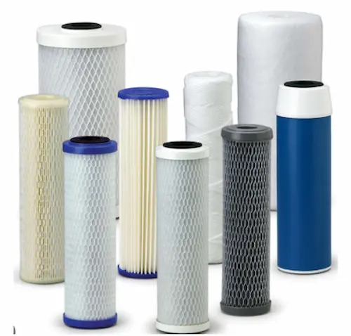 A variety of water cartridge filters including 1-micron, 5-micron, and carbon cartridges in 10-inch and 20-inch lengths.