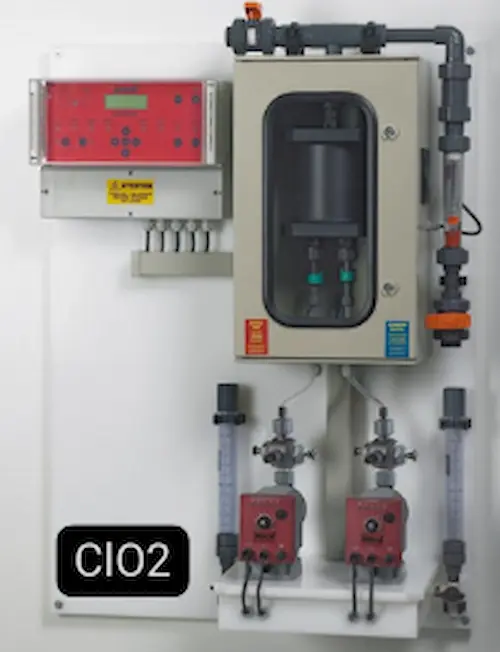 Complete industrial chlorine dioxide generator system display featuring a digital controller, chemical dosing pumps, and installation accessories.