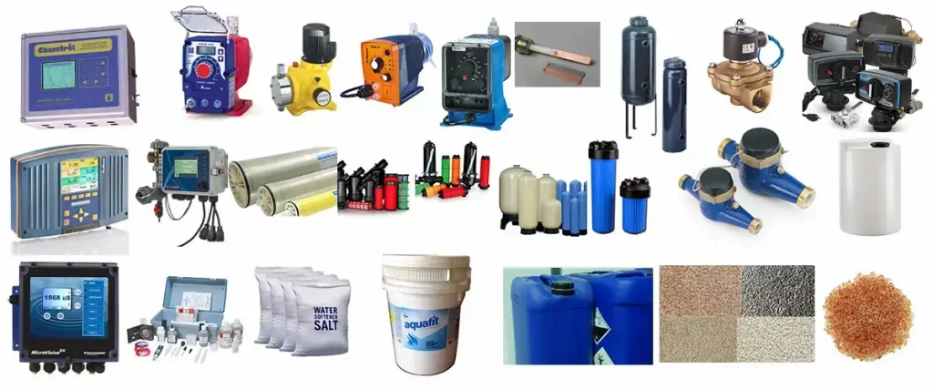 Collage of water treatment spare parts including controllers, sand filter heads, chemical drums, media, and dosing pumps.