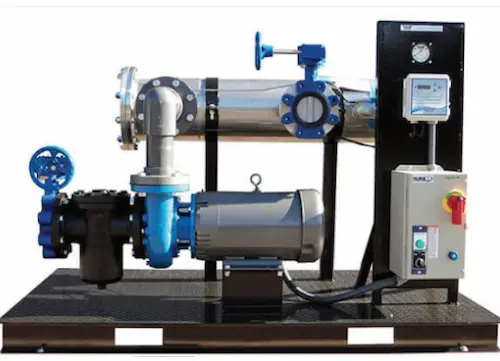 Operational cooling tower solids separator mounted on a skid with a digital control panel and centrifugal pumps.