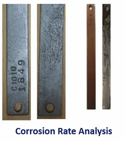 A lineup of four different metal alloy corrosion coupons showing varying degrees of discoloration and surface wear