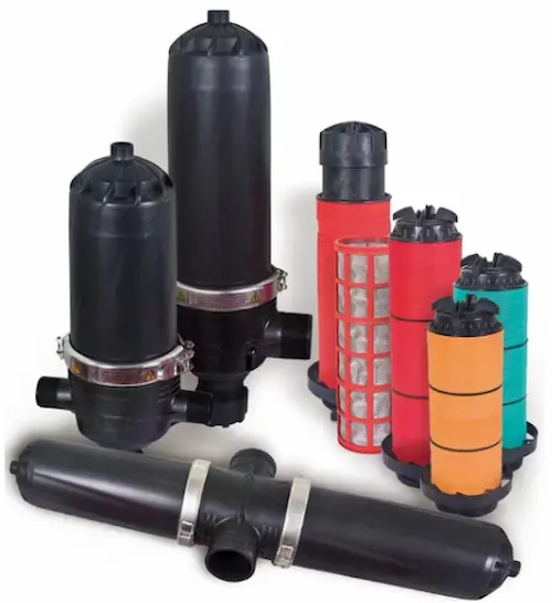 Product collage displaying different micron sizes of industrial disc filter cartridges and housing for a solids filtration system.