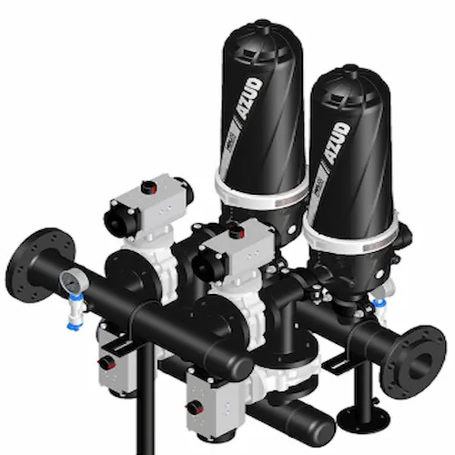 Complete disc filtration system for solids removal featuring the filter header, automated control panel, control hoses, and disc filter housings.