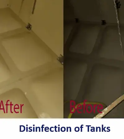 Split-screen photo of a water tank interior: the left side shows dirty sediment  before cleaning, and the right side shows a clean, disinfected surface after cleaning