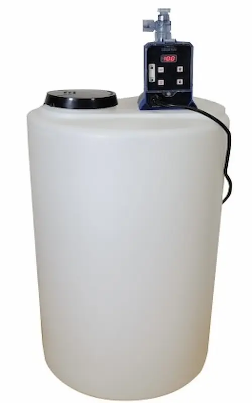 UV-resistant chemical dosing tank assembly equipped with an automated dosing pump for industrial water treatment.