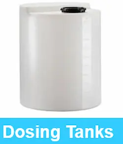 A 100-liter polyethylene PE chemical storage drum on display for water treatment dosing applications.