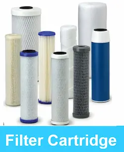 A diverse display of industrial water cartridge filters showcasing different sizes, materials, and micron ratings.