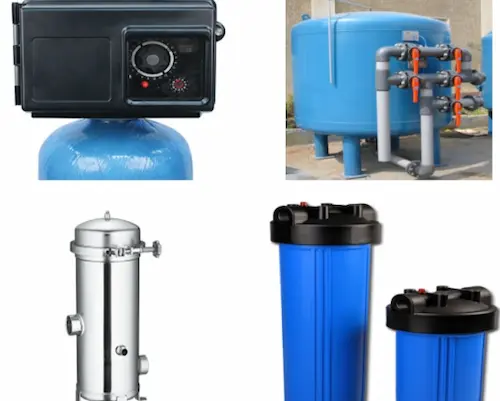 Collage of water filtration systems showcasing a cartridge filter, sand filter, and carbon filter.