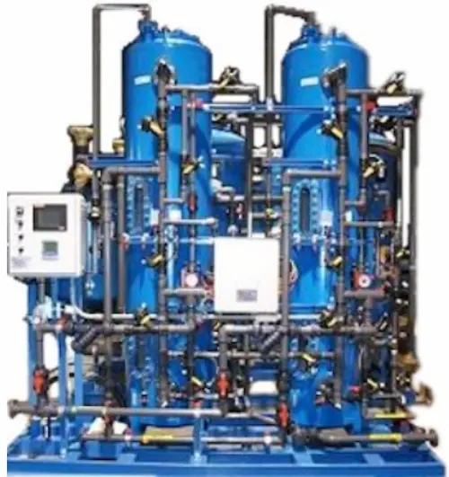Complete industrial mixed bed deionizer system showcasing the ion exchange vessel, control valves, piping manifold, and digital control system.