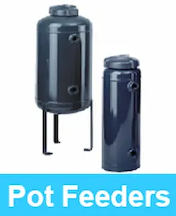 Two bypass pot feeders on display featuring one model with mounting legs and one legless model without leg