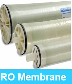 Industrial reverse osmosis RO membranes on display for commercial water purification systems.