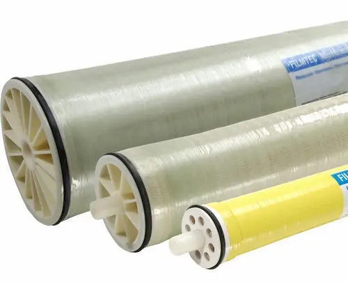 A product display of three different size of spiral-wound membranes: an RO membrane.