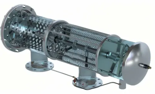 Inside view of an automatic self-cleaning filter showing the internal mesh screen used for cooling tower water filtration.