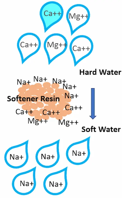 Educational flow diagram of the ion exchange water softening process, showing hard water with calcium and magnesium ions entering the resin bed and soft water exiting with sodium ions