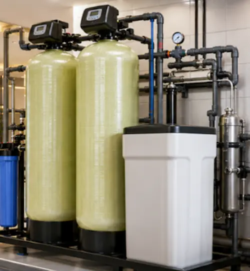 Industrial twin alternating water softener system with a central brine tank for commercial facilities