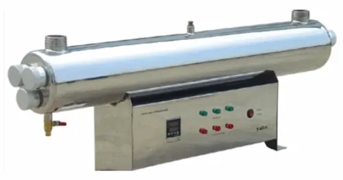 Commercial UV water sterilizer system on display showing the stainless steel chamber and control housing.