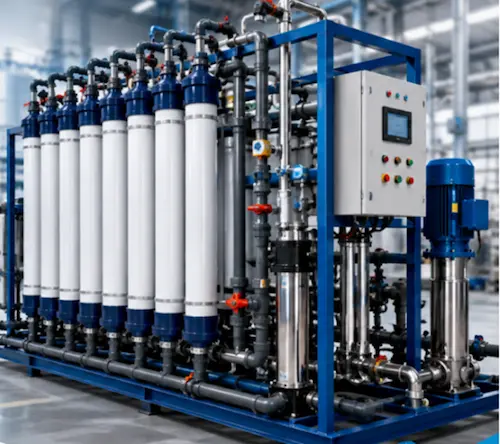 Industrial ultrafiltration system featuring multiple UF membrane modules, feed pumps, and a centralized control panel.