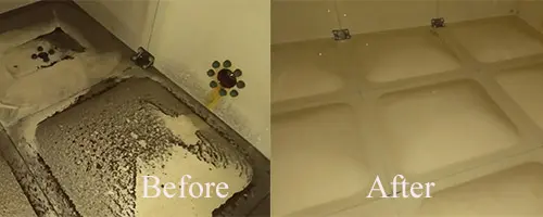 Before and after comparison of an industrial water tank interior showing the surfaces before disinfection and after disinfection.
