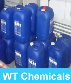25-liter blue plastic drum containing water treatment chemicals staged for industrial system dosing.