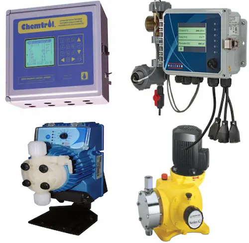 Collage displaying two digital water treatment controllers and two chemical dosing pumps on a product showcase.