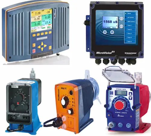 Product collage displaying two digital water treatment controllers and two chemical dosing pumps side by side.