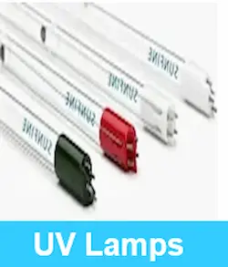 Set of four replacement UV lamps on display for ultraviolet water disinfection systems