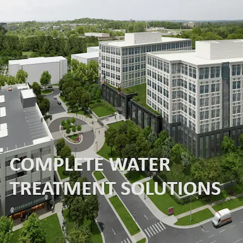 Commercial and hospital water treatment system services in Dubai, showing a healthcare facility with sustainable green surroundings.