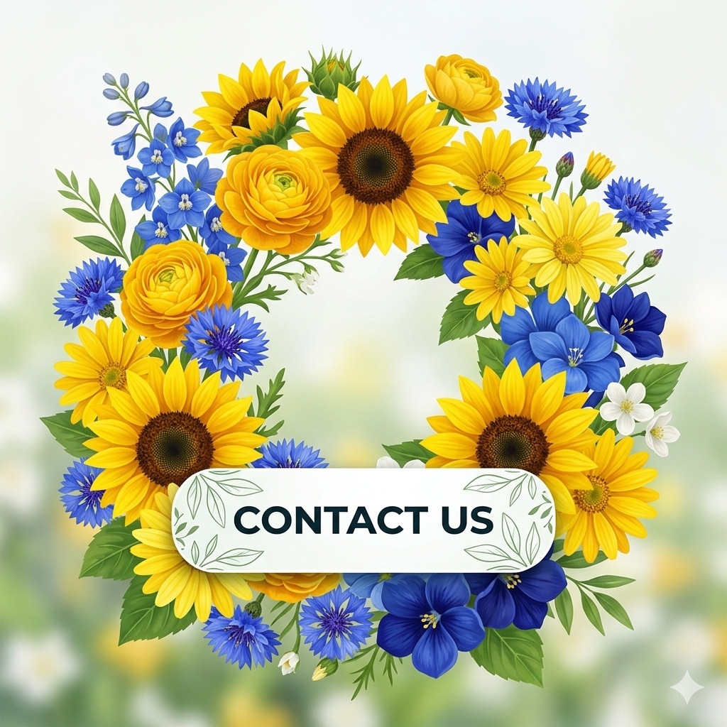 Contact Us banner for Dubai Water Treatment featuring a vibrant floral circle of yellow and blue flowers