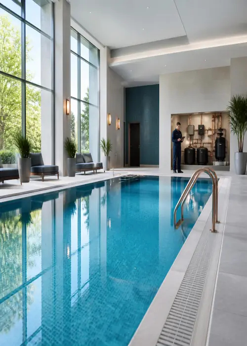 Luxury indoor swimming pool with crystal-clear blue water treated by a clean Copper Silver Ionization Dubai system, featuring large glass windows showing outdoor trees.