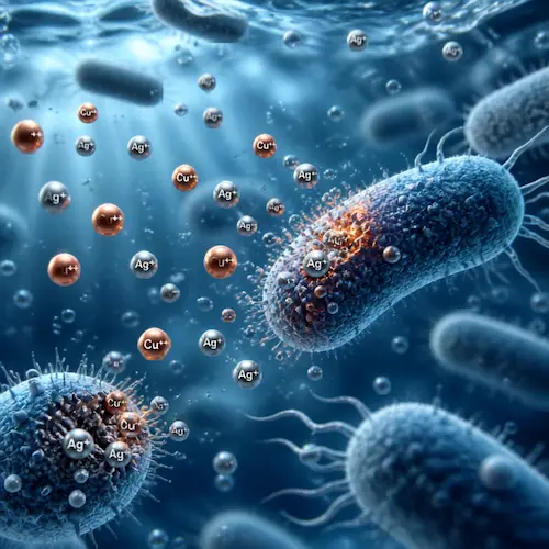 Copper Silver Ionization Dubai system mechanism showing copper ++ and silver+ ions attacking and neutralizing bacterial cell structures in water.