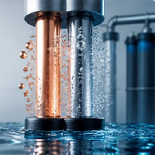 Copper Silver Ionization Dubai system flow cell showing copper and silver electrodes releasing active ions in water for electrophysical disinfection.