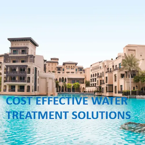 Corporate facility water purification systems by a Dubai water treatment company, surrounded by sustainable water infrastructure.