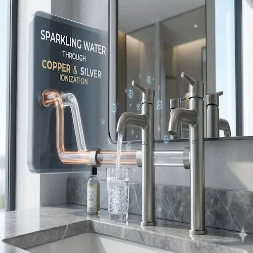 Hotel bathroom sink setup highlighting a Copper Silver Ionization Dubai system feeding crystal-clear, ionized water directly to hot and cold vanity taps.