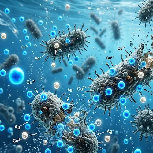 Copper Silver Ionization Dubai scientific illustration showing Cu2+ and Ag+ ions electrostatically bonding with and neutralizing microscopic pathogen cell walls in a water distribution network.