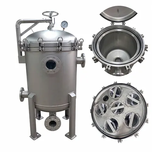 Stainless steel multi bag filter housing showing internal basket slots and flanged water inlets for industrial water treatment in Dubai.