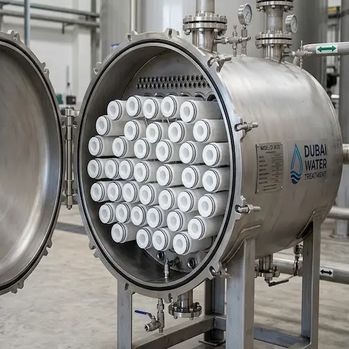 Industrial stainless steel multi cartridge filter housing opened showing internal cartridge element configuration for commercial water treatment in Dubai.