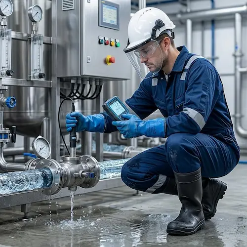 Dubai Water Treatment site technician wearing proper safety PPE including goggles, chemical gloves, protective coveralls, helmet, and water-resistant safety boots while performing commercial water analysis diagnostics.
